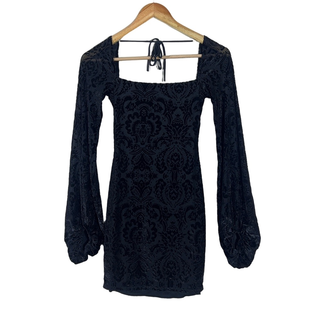 Lucy in the Sky Damask Flocked Mesh Mini Dress Black Velvet Balloon Sleeve XS